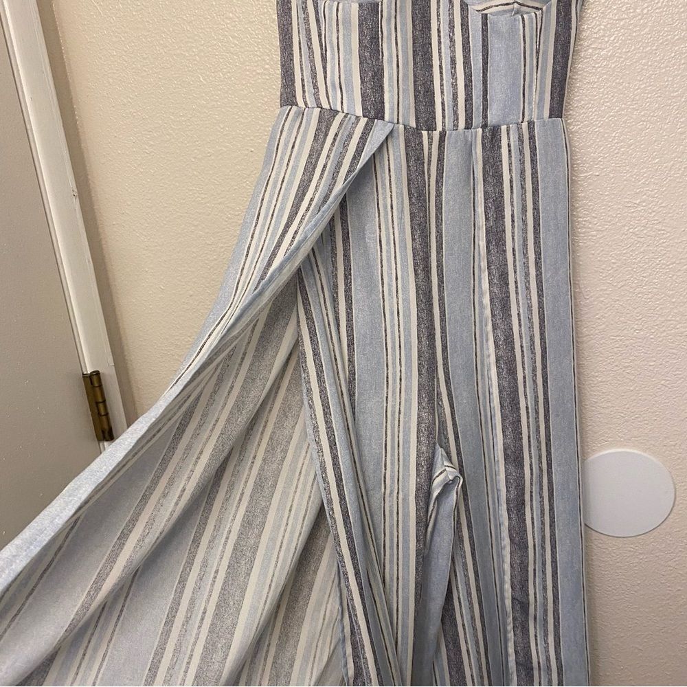Xhilaration Blue White Striped Wide Leg Jumpsuit Smocked Back Size S - Picture 6 of 14